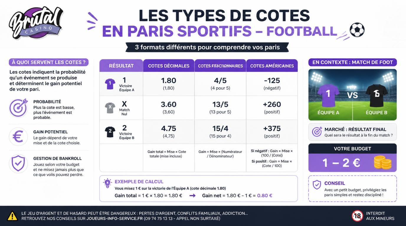 Visualisation claire des différents formats de cotes et des gains potentiels de petites mises