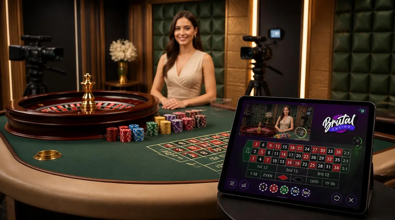 Croupière devant une roulette filmée en studio, avec une interface de mises en direct sur tablette