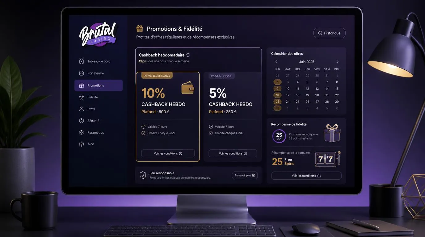 Tableau de bord présentant deux offres de cashback hebdomadaire et des récompenses liées à l'activité