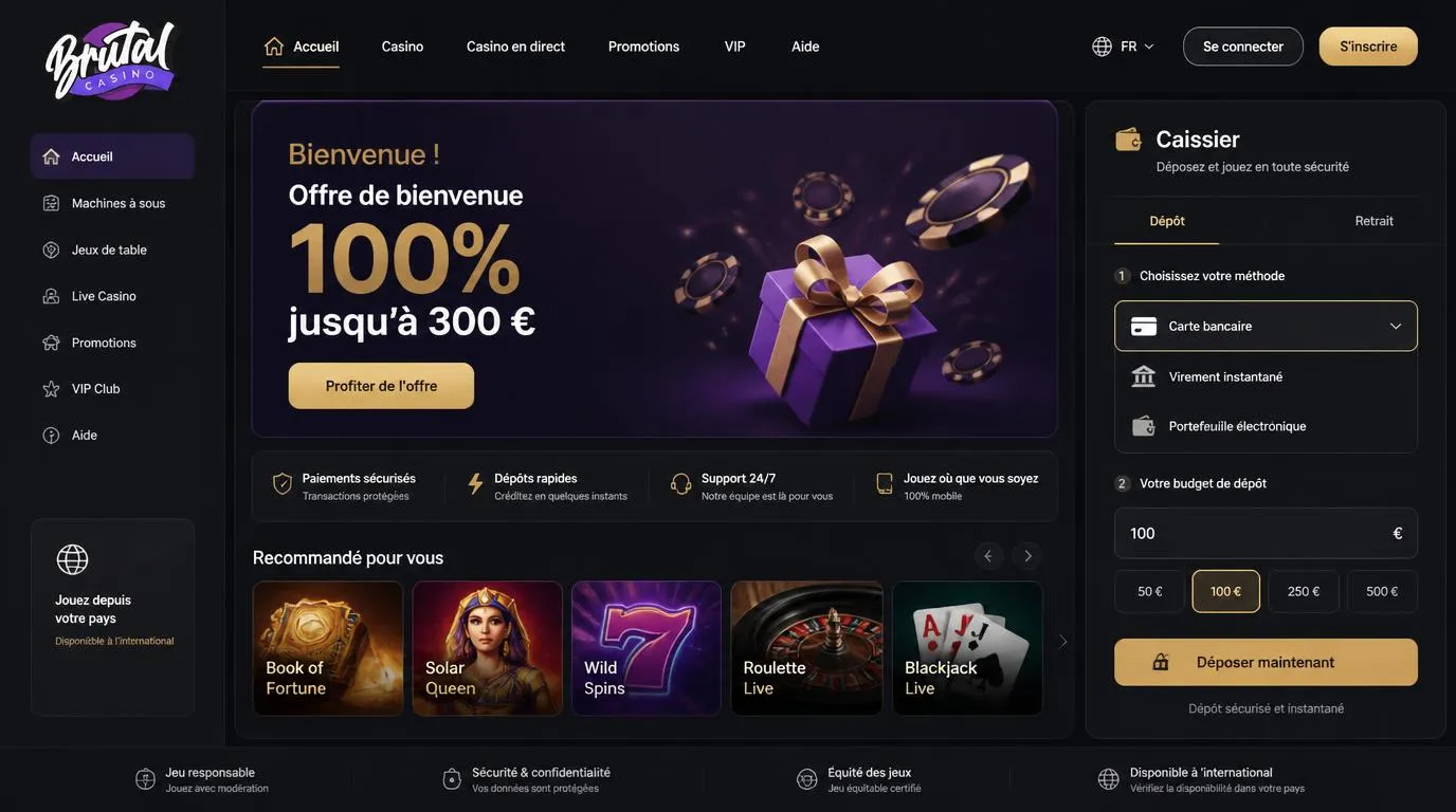 Interface de casino avec une offre de bienvenue, ses conditions et un accès à la caisse