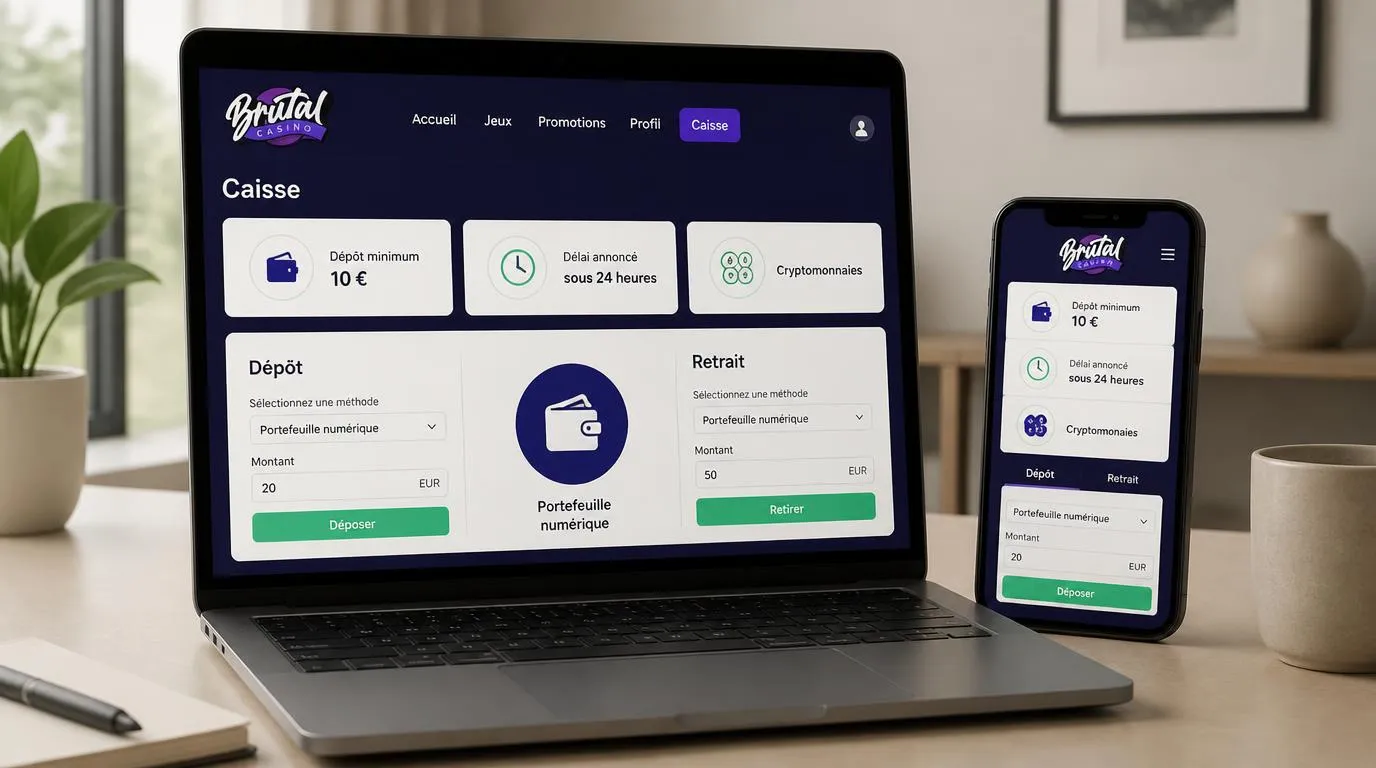 Interface de caisse avec dépôt minimum de 10 €, retrait sous 24 heures et options de cryptomonnaies