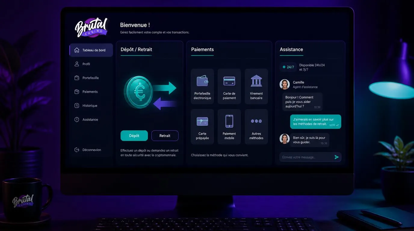 Interface de casino avec options de dépôt et de retrait en cryptomonnaies et chat disponible 24 h sur 24